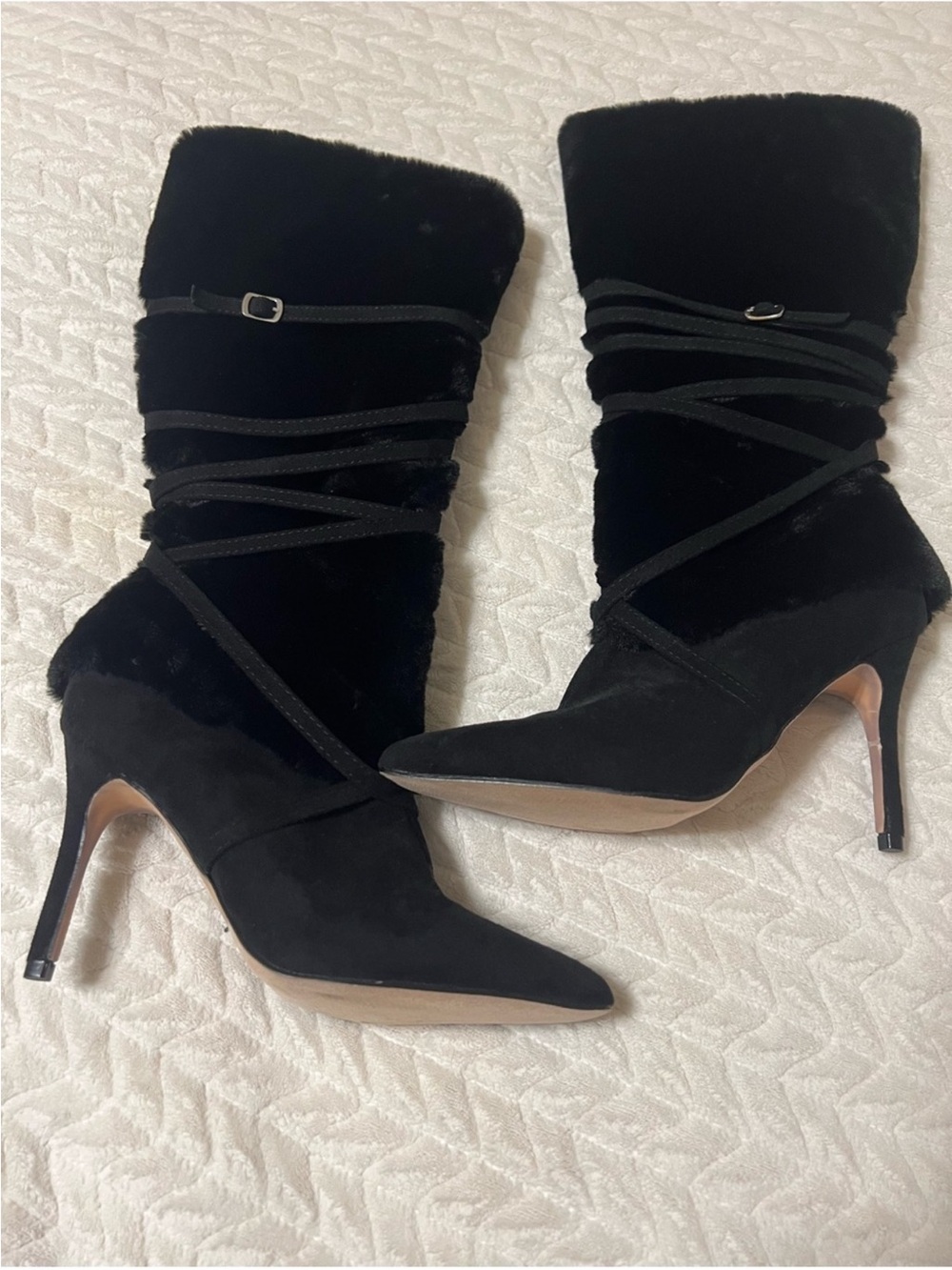 Black Suede Pointed-Toe Stiletto Mid-Calf Boots